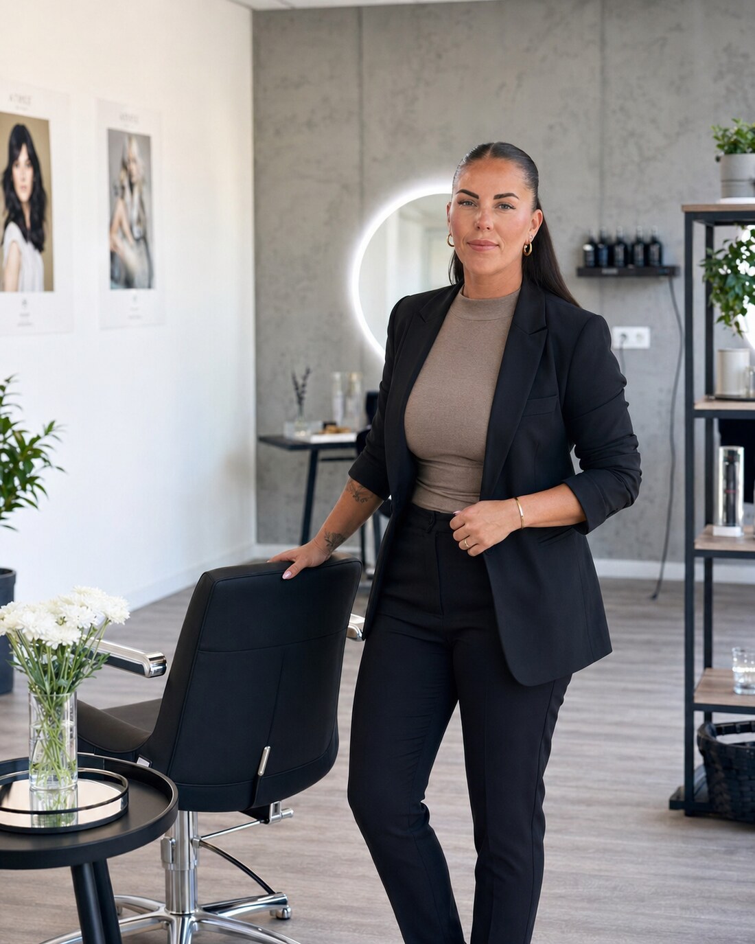 Pia Rickels in ihrem Salon in Jever, vor dem beleuchteten Rundspiegel